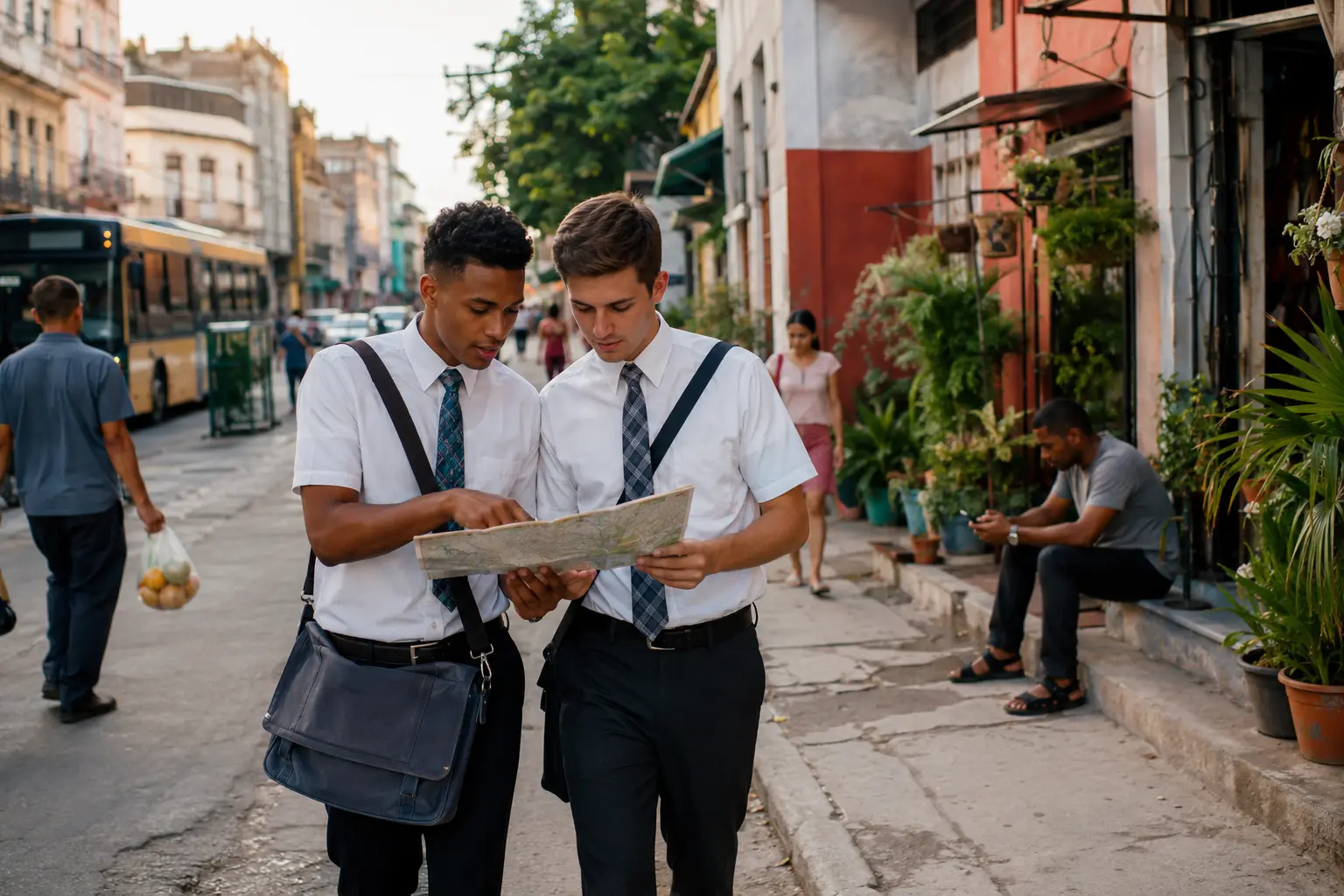 A missionary companionship navigating a neighborhood in a different country