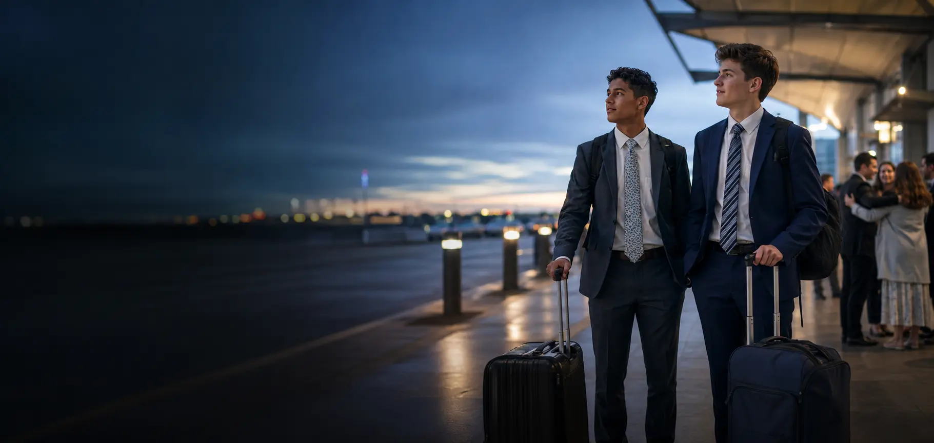 Two young missionaries beginning their journey at an airport