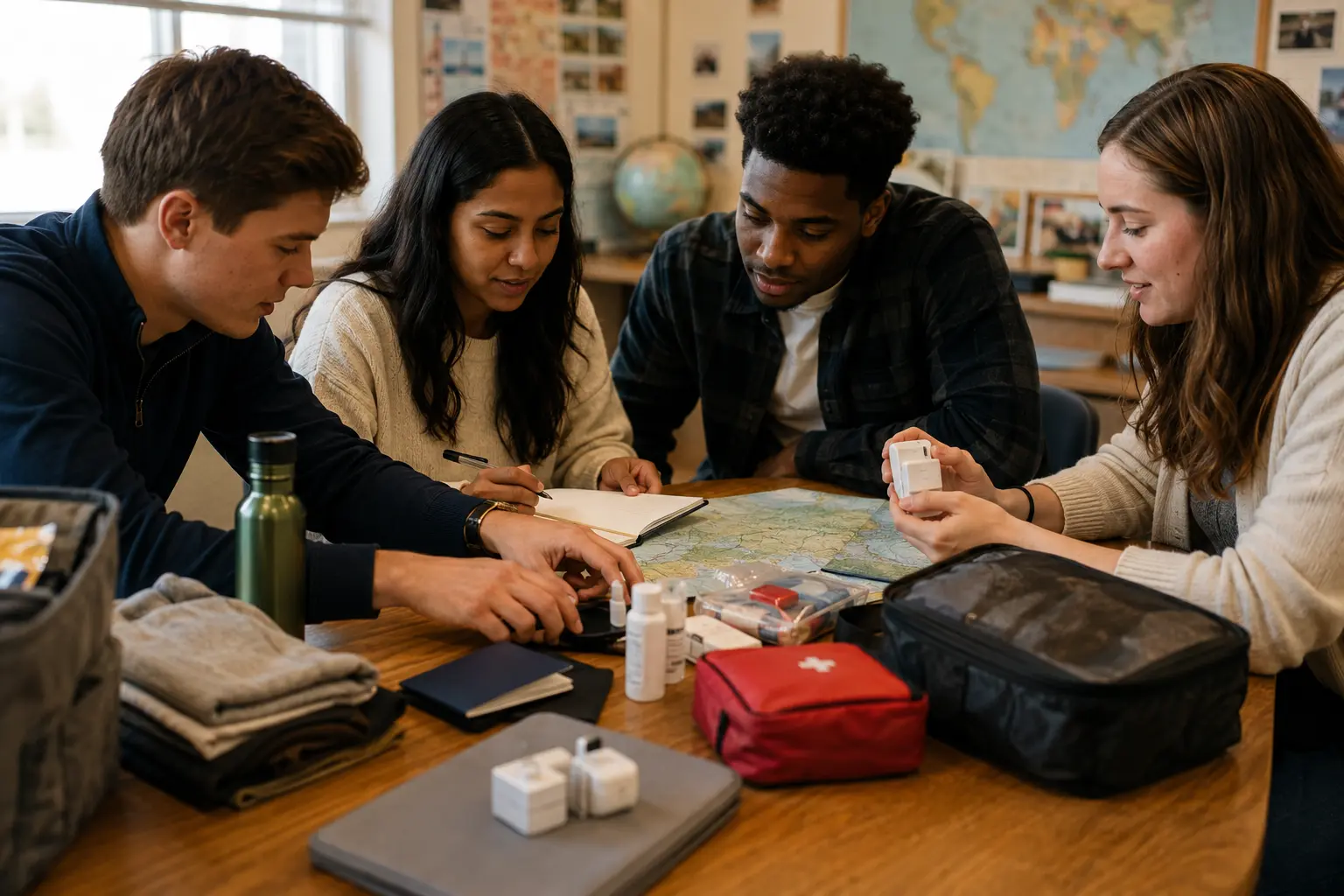 Young adults preparing maps and practical supplies for missionary service
