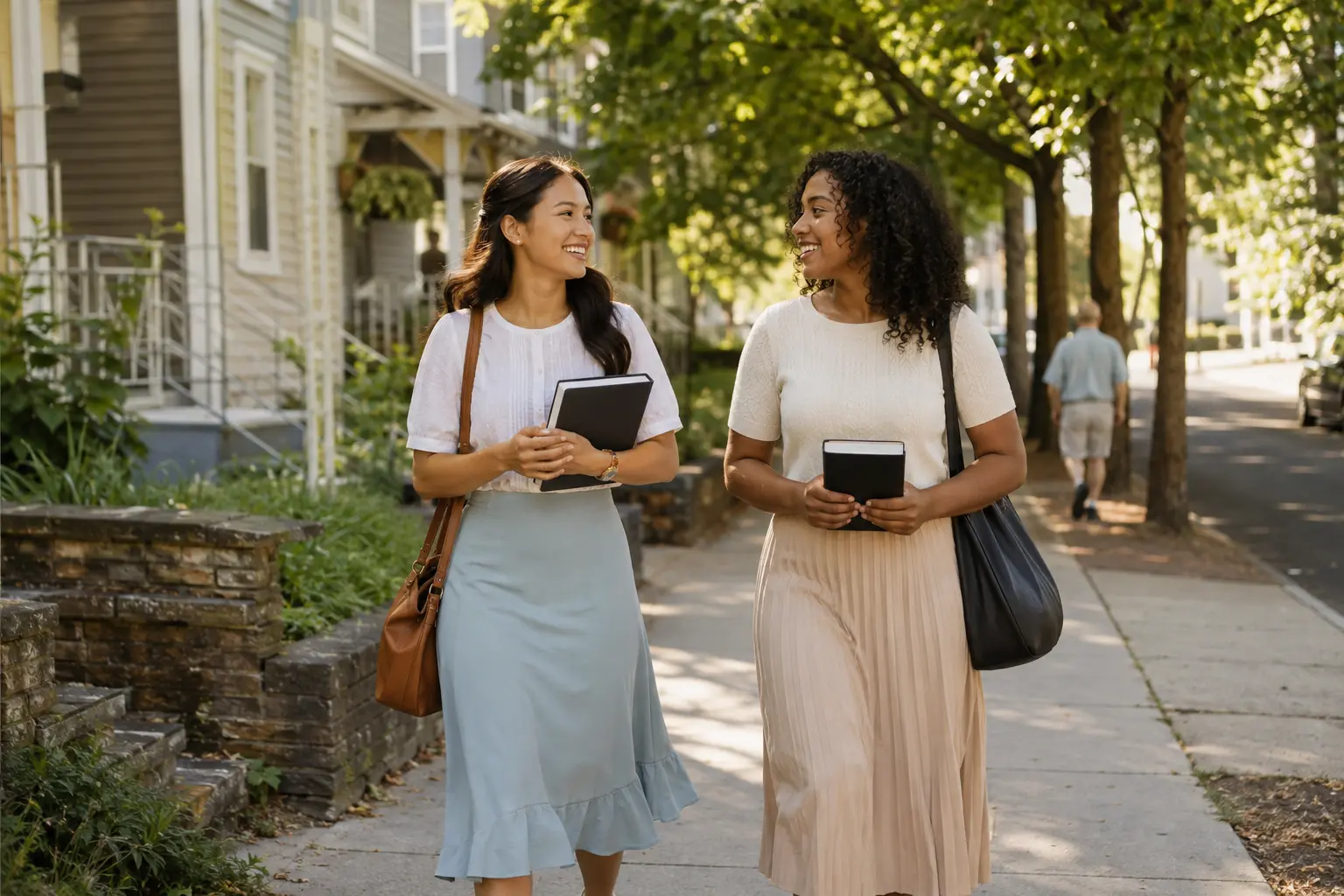 Two sister missionaries walking together through a community